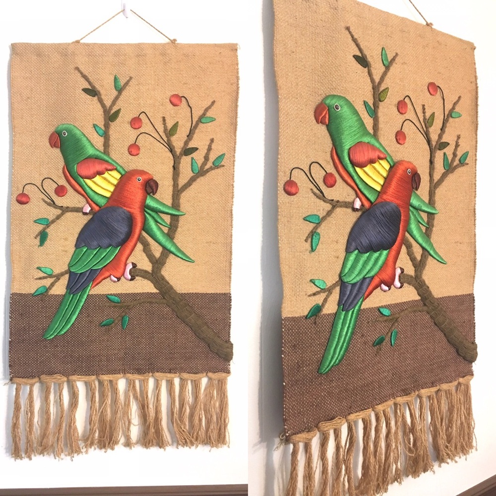 Vintage burlap wall hanging parrot tapestry 1970s
